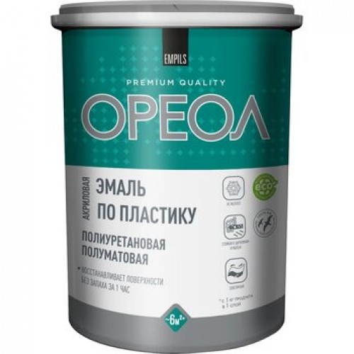 Эмаль по пластику полиуретановая ОРЕОЛ полуматовая белая 1,1 кг.